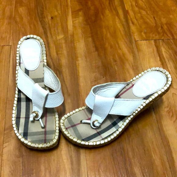 Burberry Nova Check White Wedge Espadrilles Size 7 - Picture 1 of 9